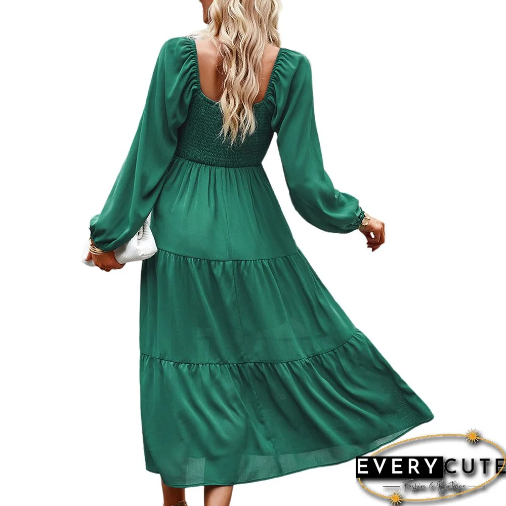 Green Solid Square Neck Pocket Long Sleeve Dress