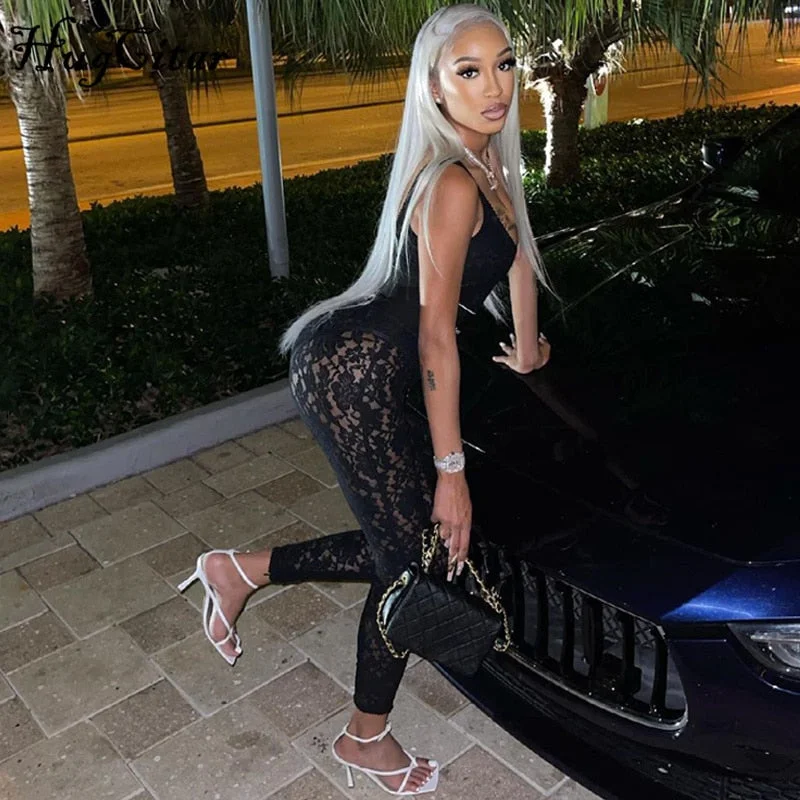 Hugcitar 2021 High Waist See-Through Zip Up Bodycon Sleeveless Pencil Jumpsuit Summer Women Fashion Streetwear Casual Club Y2K