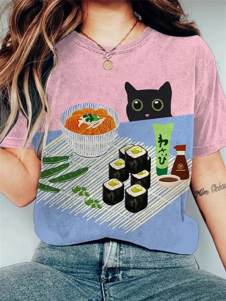 Women's Japanese Ramen Sushi Black Cat Print Casual T-Shirt