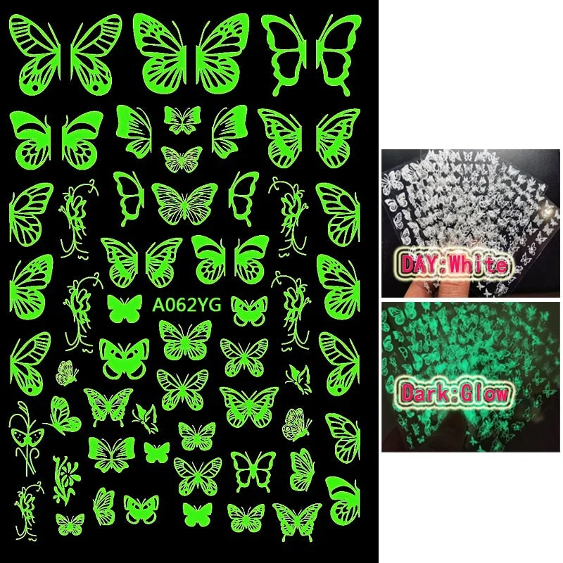 Luminous Fire Nail Art Stickers Glow In Dark Nail Decals Moon Butterfly Transfer Manicure Design Night Light Stickers-Nail Inspo