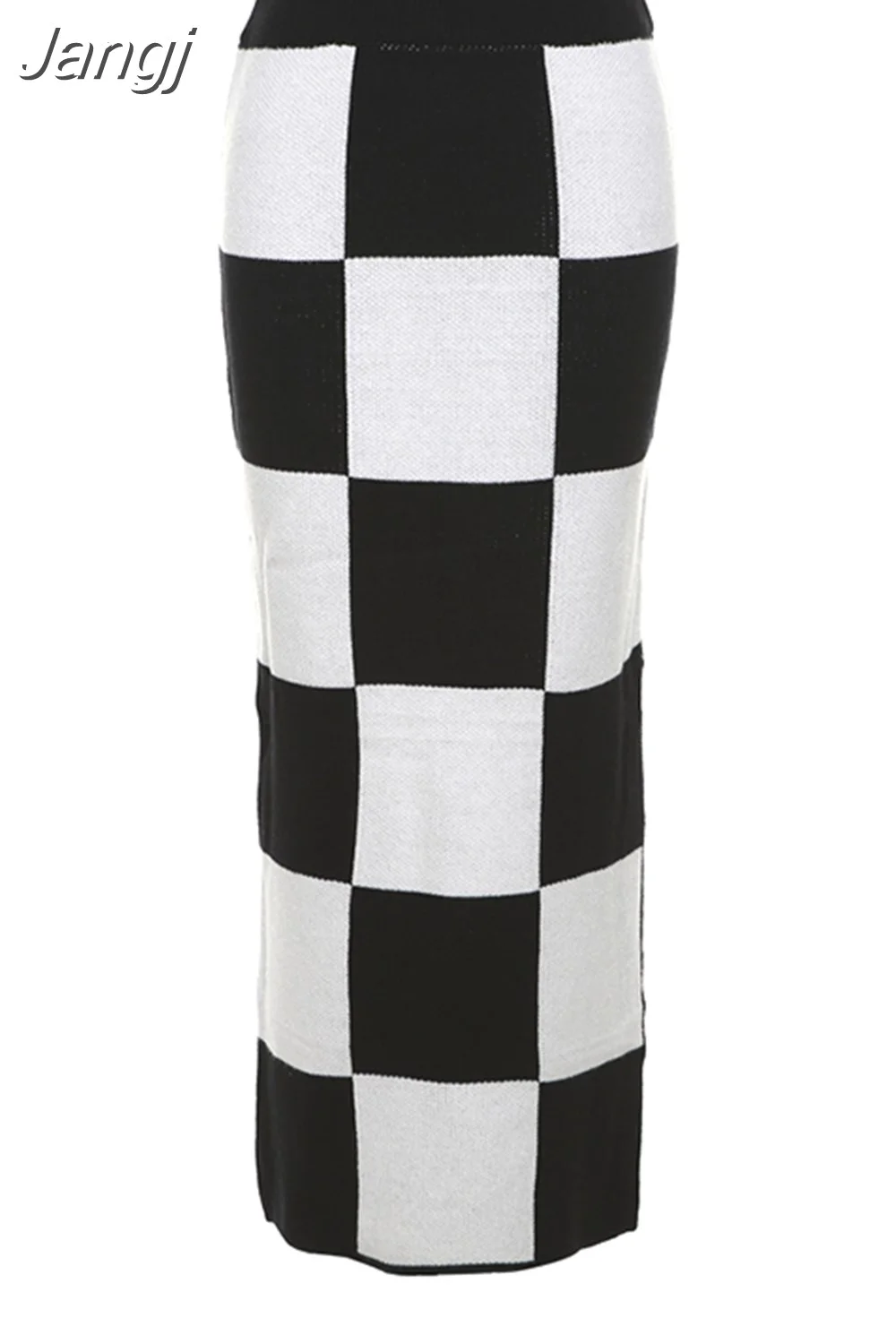 Jangj Knit Elegant Black White Checkerboard Skirt Women Casual High Waist Skinny Panelled Lady Bottoms Female Streetwear