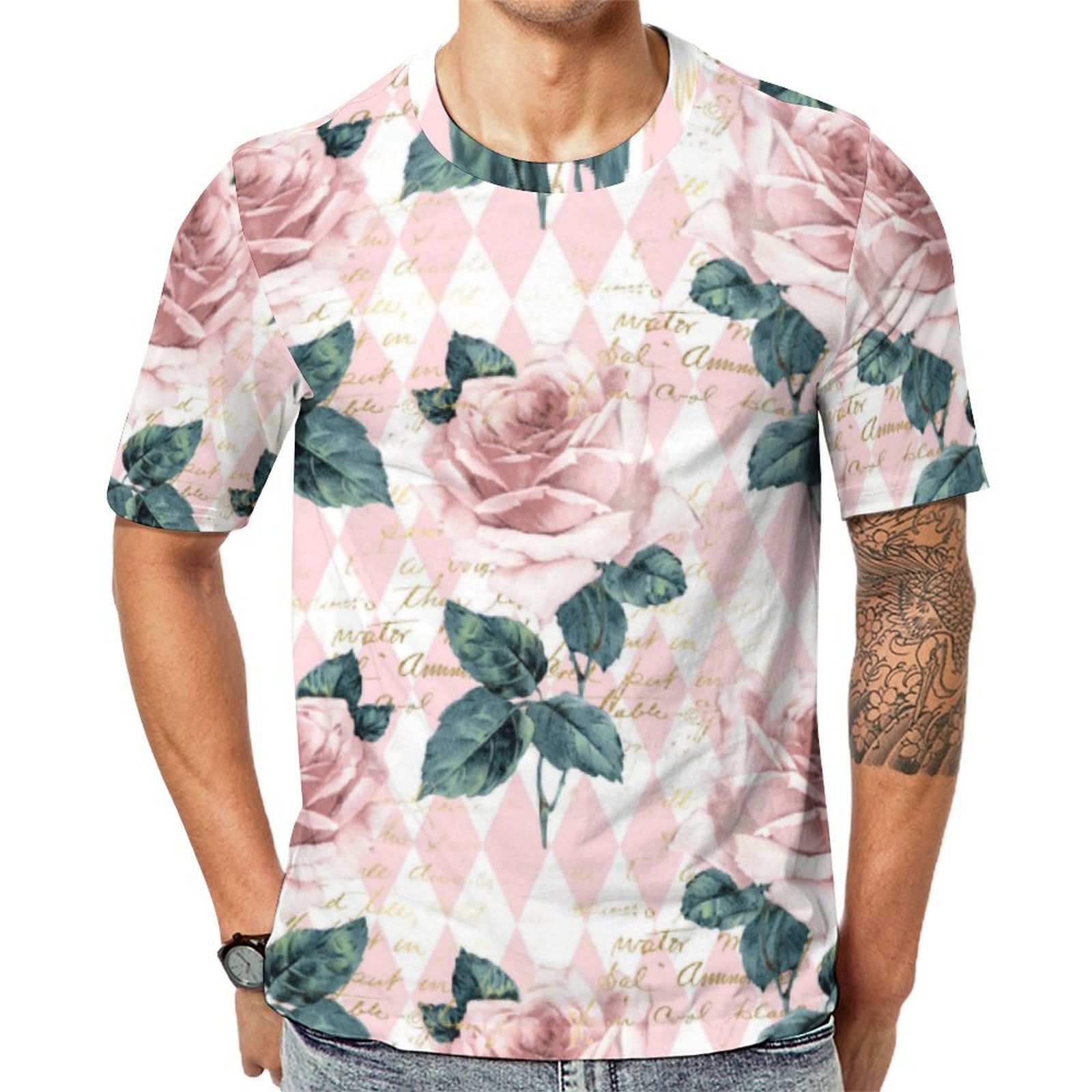 Vintage Pink Roses On Checkered Short Sleeve Print Unisex Tshirt Summer Casual Tees for Men and Women Coolcoshirts