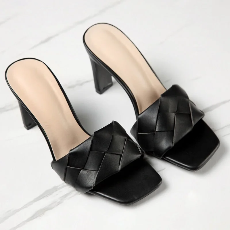 2020 Summer Square toe Women slippers Fashion Thin heeled Ladies Mules Elegant Female High heels Outside Slides Women Sandals 42