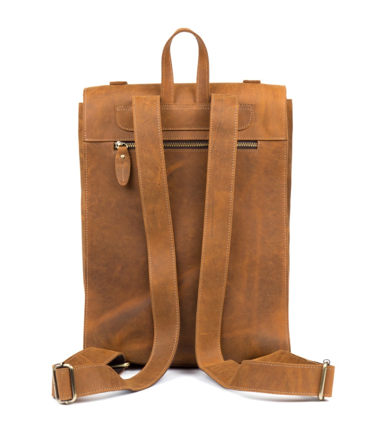 Khaki Back View of Woosir Vintage Leather Backpack