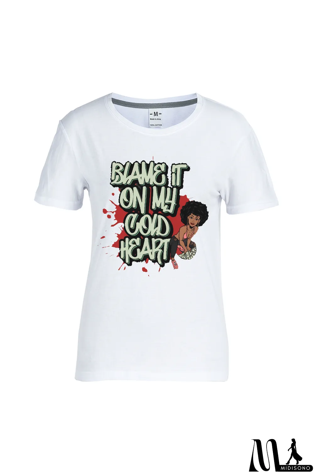 MidiSono - White Fashion Vintage Print Letter O Neck T-Shirts