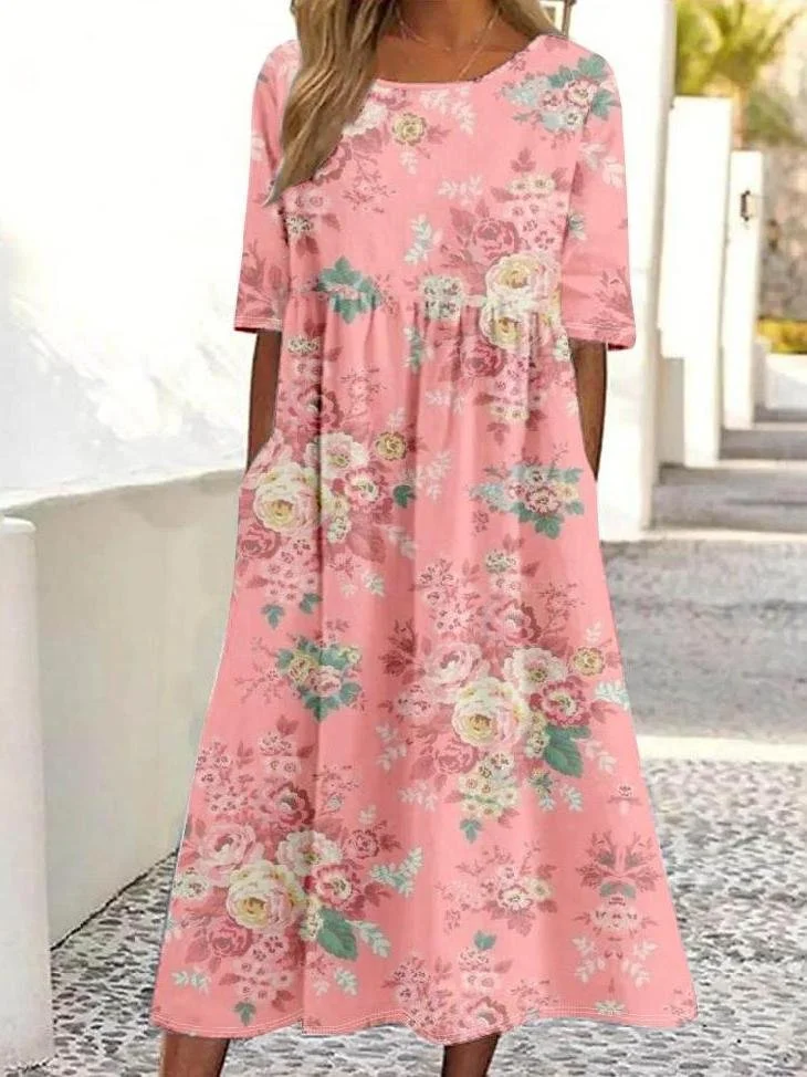 Vintage Floral Print Round Neck Pocket Midi Dress