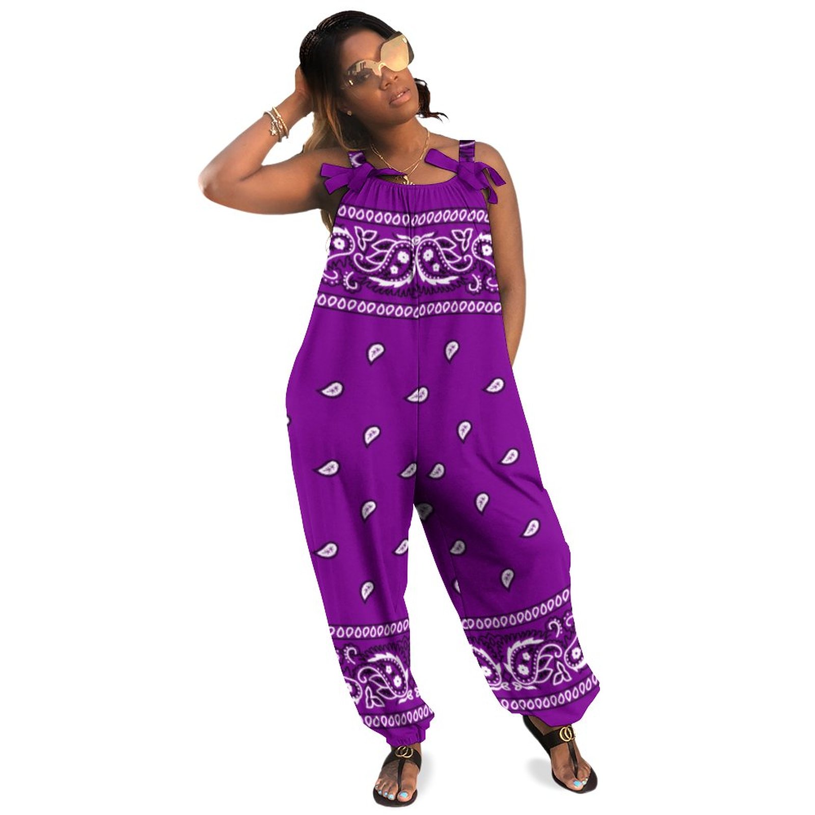 Bandana Purple Plus Size Women Rompers Summer Casual Loose Jumpsuit Dressy Pants Romper Boho Style Natural Waist Polyester Spandex