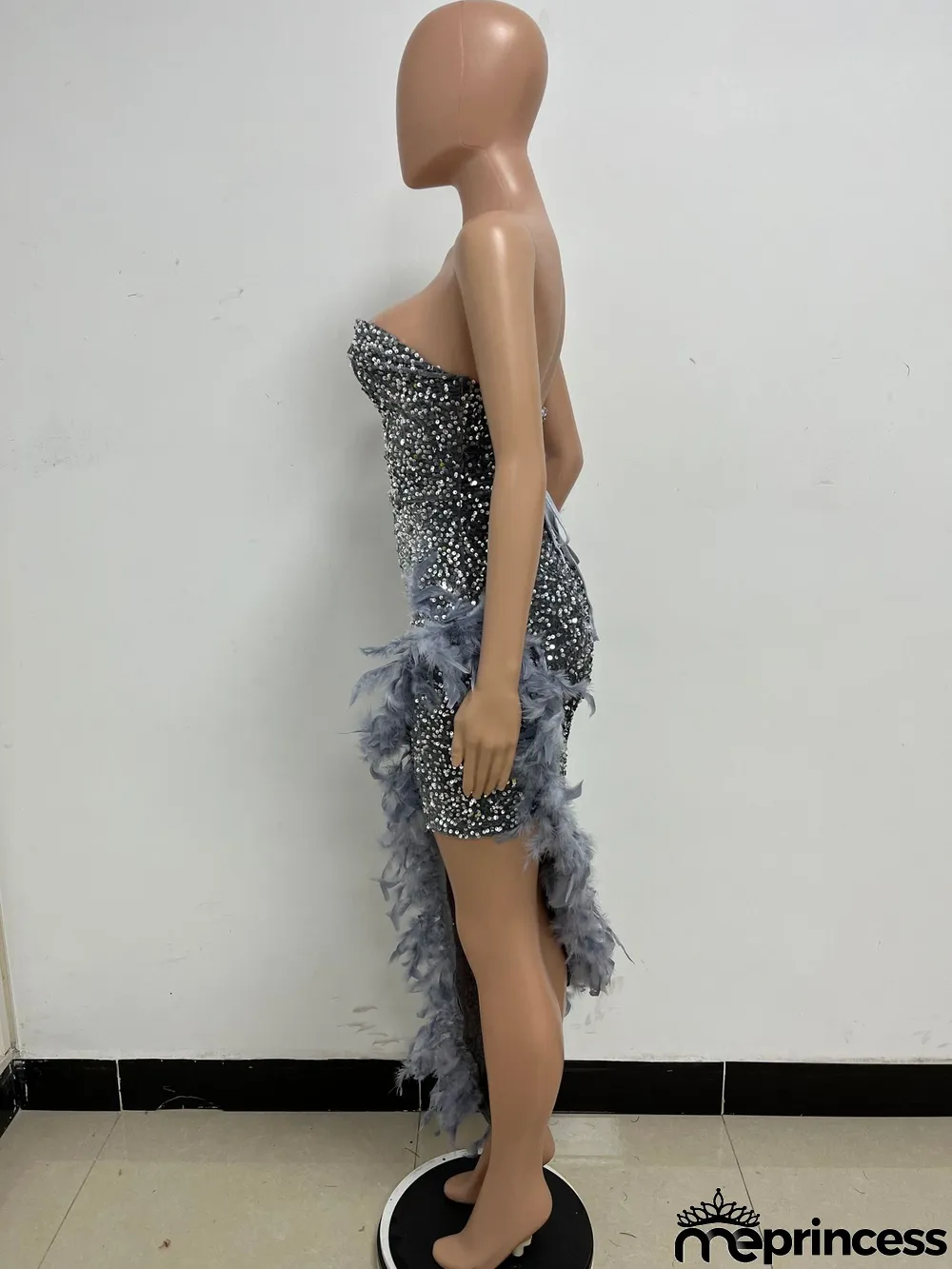 Women Sexy Off Shoulder Backless Sequin Feather Dress