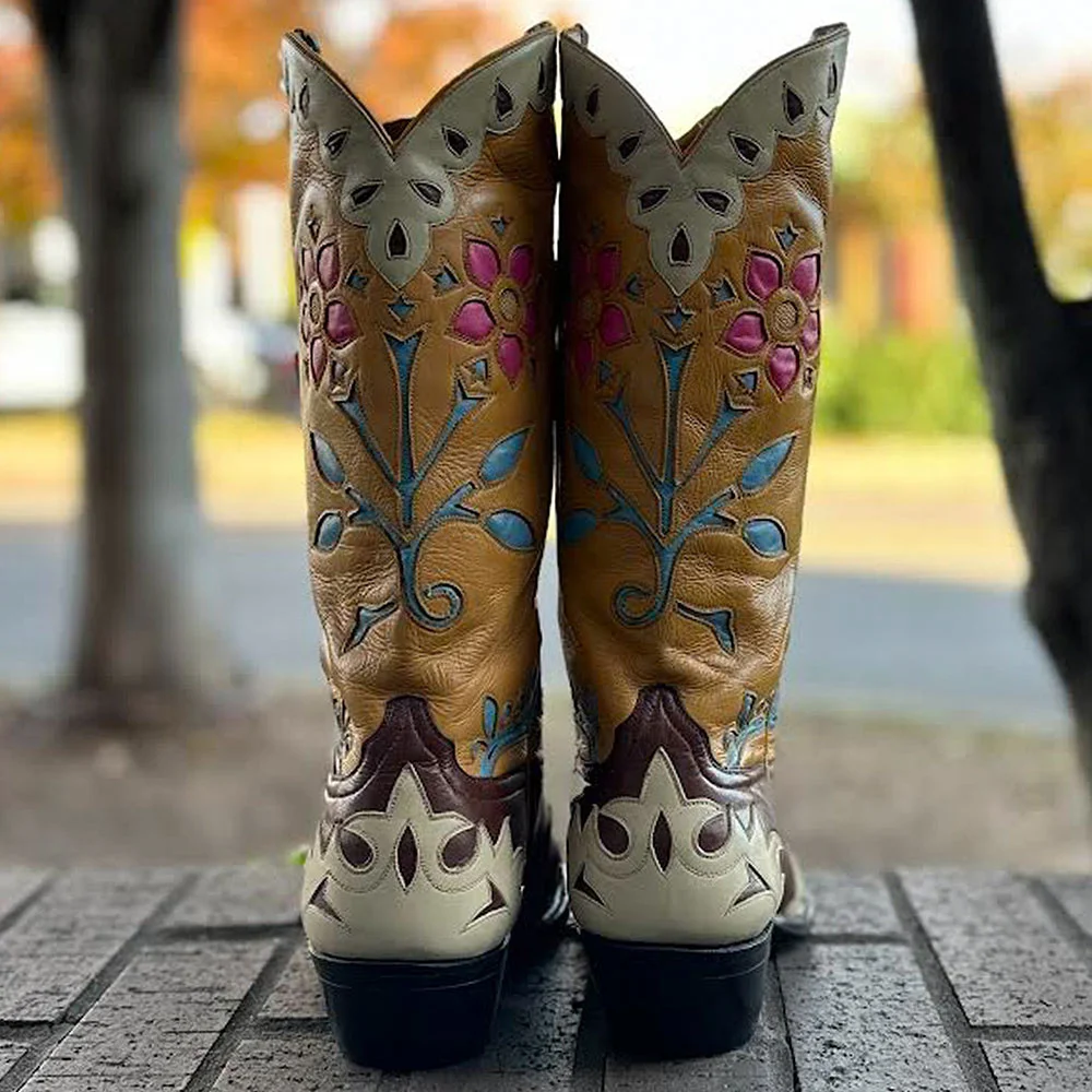Multicolor Snip Toe Chunky Heel Flower Inlay Western Boots for Women