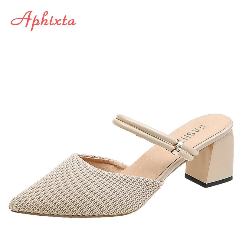 Aphixta 6cm Square Heels Slides Pointed Toe Breathable Fabric Sandals and Slippers Universal Women Outside Mujer Elegant Shoes