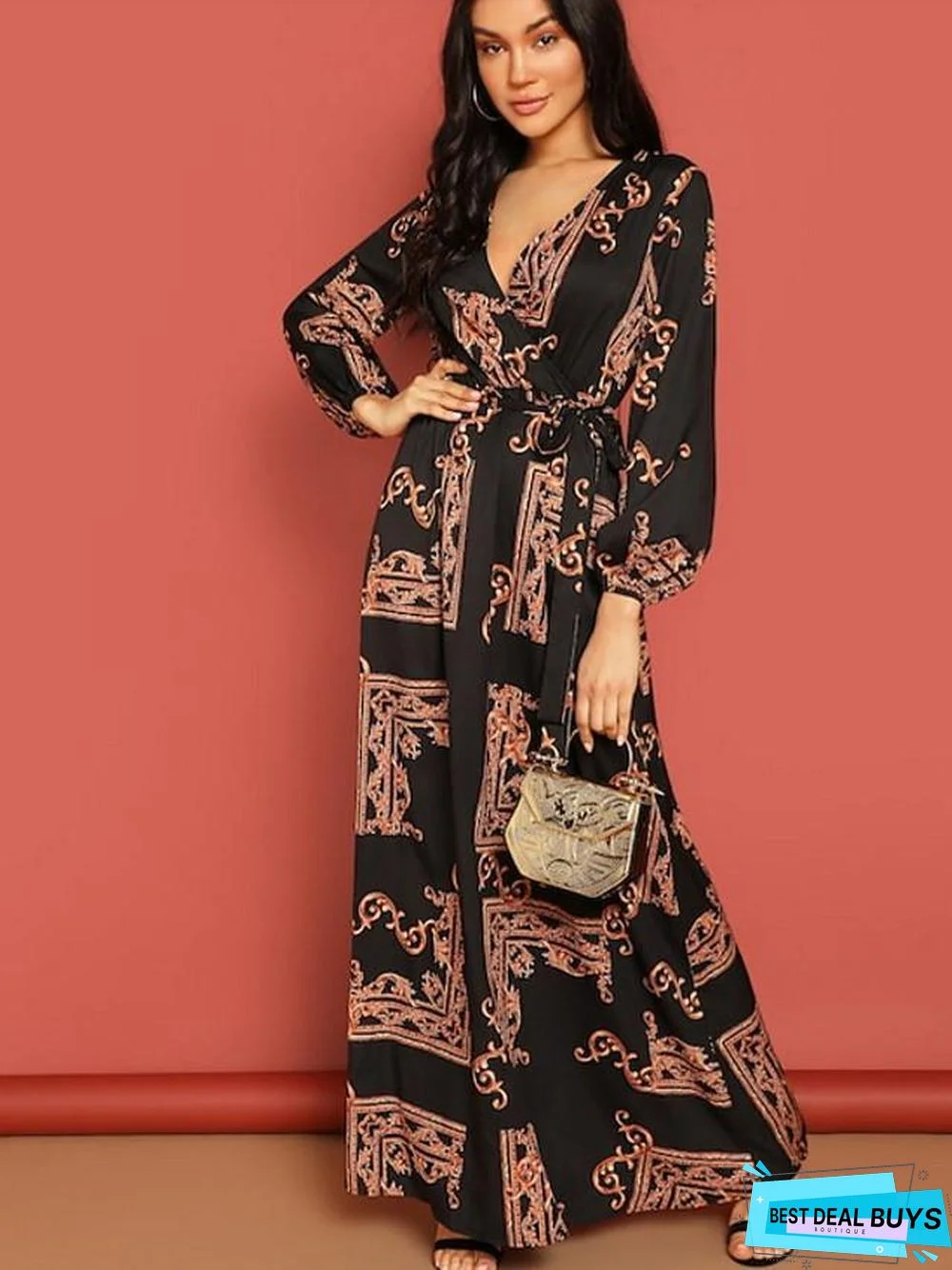 Women's A-Line Dress Maxi Long Dress Long Sleeve Geometric Spring & Summer Hot Elegant Black Navy Blue Black Dresses