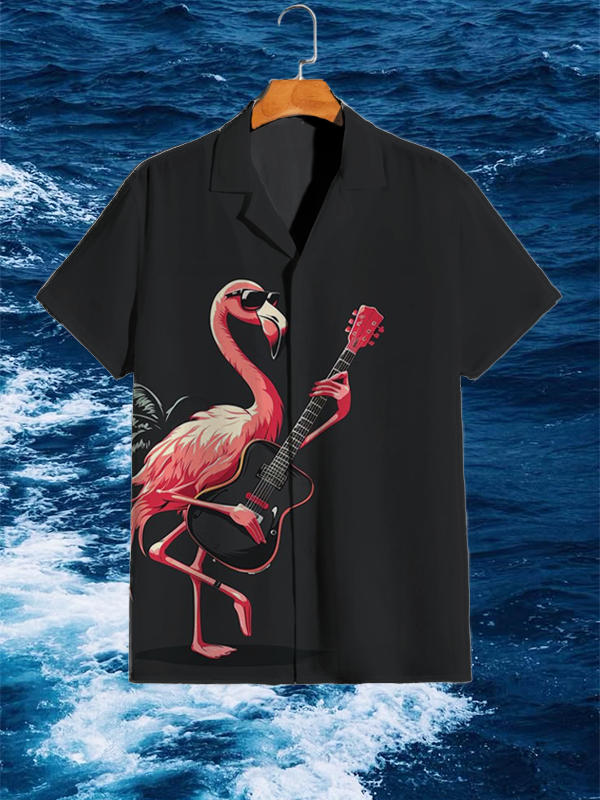 Men's Flamingo Plays Guitar Vacation Art Print Shirt