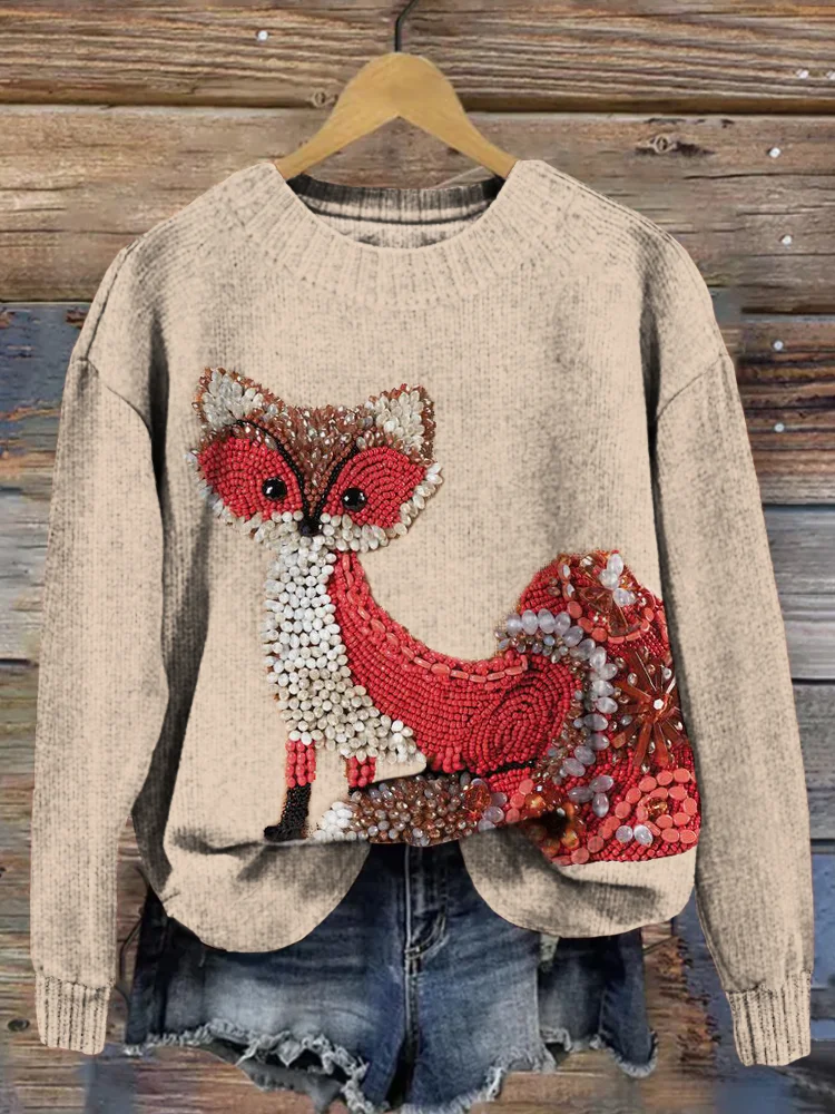 Cute Red Beaded Fox Art Comfy Knit Sweater