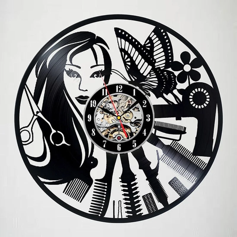 Barber Shop Wall Clock Modern Barbershop Decoration Vinyl Record Wall Clock Hanging Hairdresser Wall Watch for Barber Salon