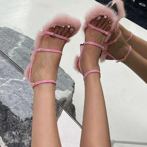 HUXM Fur Straps Buckle Stiletto Heeled Sandals