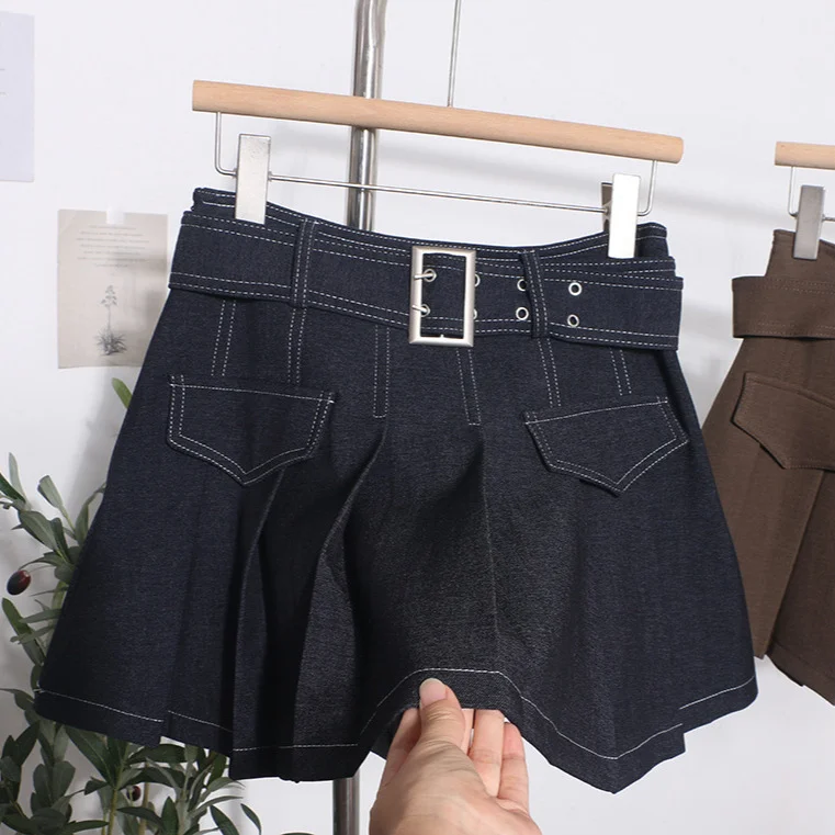 Uveng Real Shooting Hottie Retro Bright Line Dress Women Walk Light 100-Fold Skirt High-Rise Thin A Short Skirt 8201