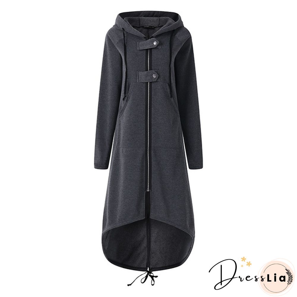 Oversize Women Hooded Long Sleeve Zip-up Asymmetric Hem Long Hoodie Coat Jacket Outwear