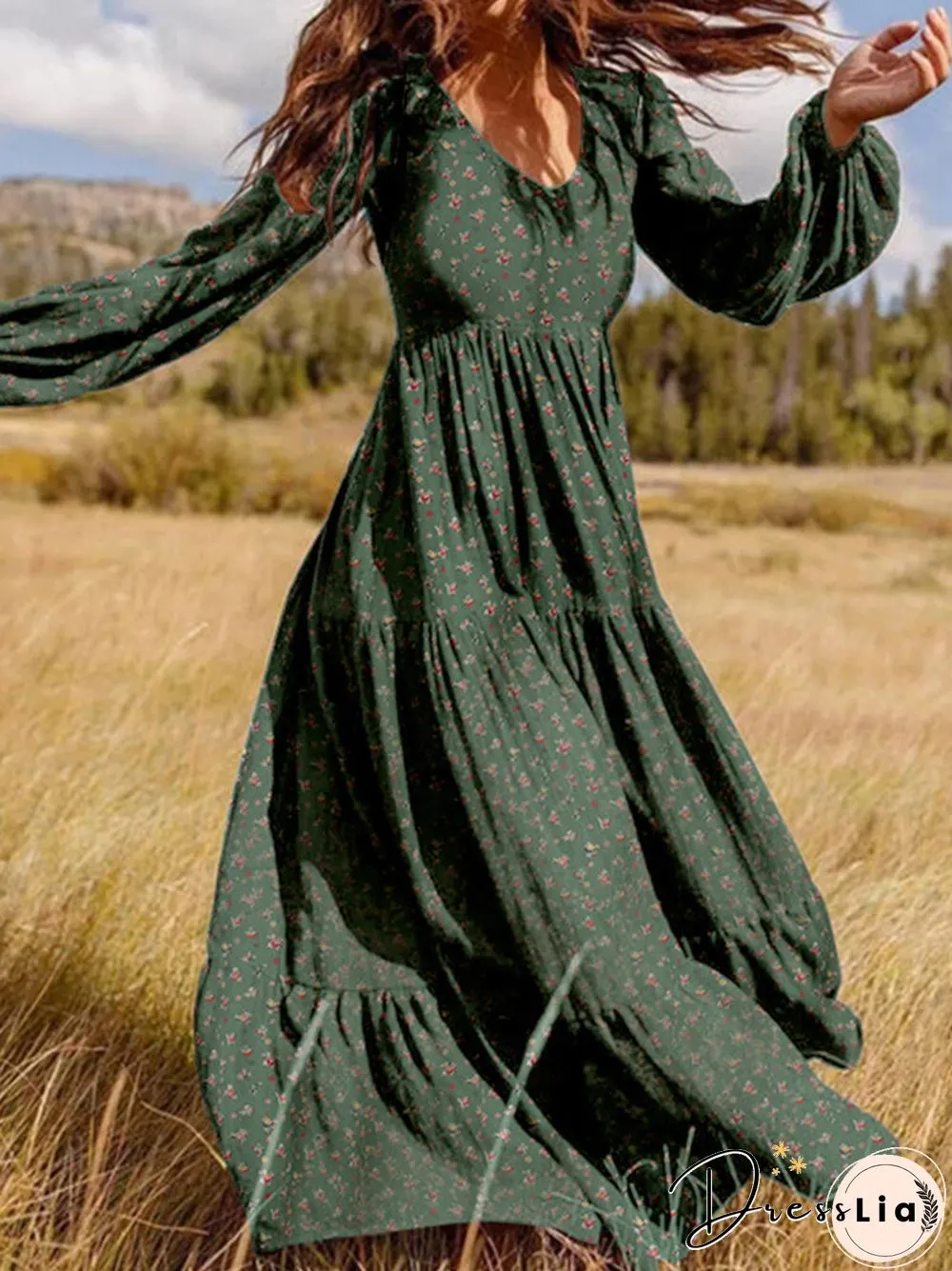 Floral Print Long Sleeves V-neck Casual Dress for Women
