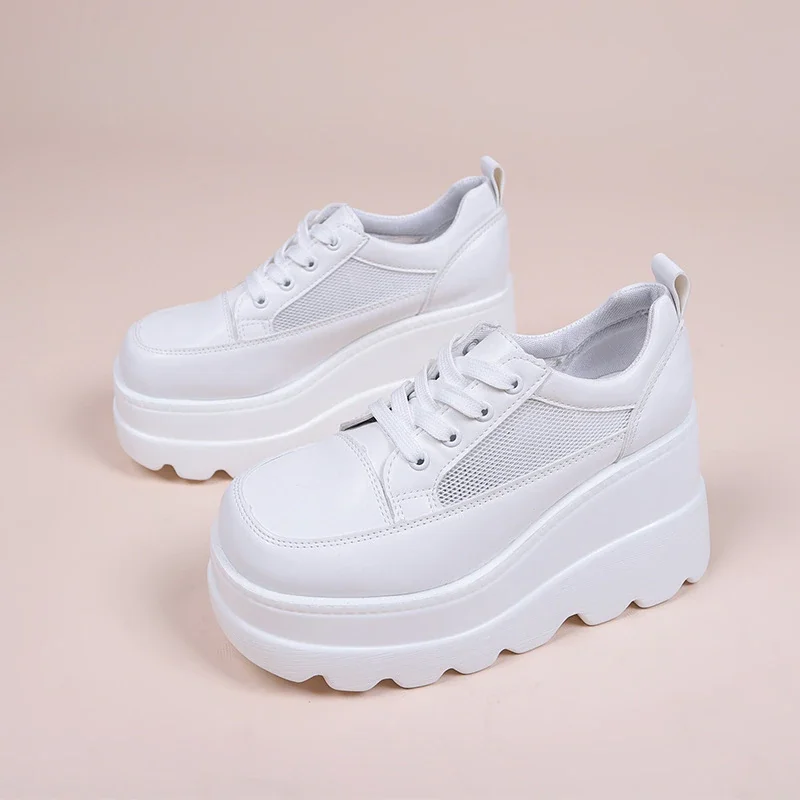 Qengg NEW White Wedge Sneakers Shoes Platform Breathable Hollow Shoes Chunky Platform Heel Pumps Shoes Women Heels