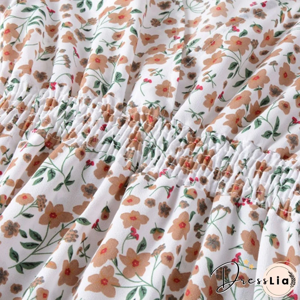 Women's Fashion Bohemian Skirt Chiffon Summer Print V-Neck Short-Sleeved Floral Dress