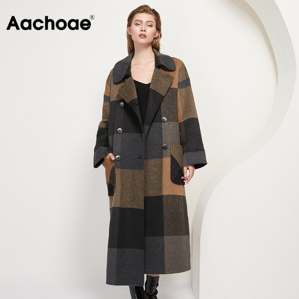 Aachoae Women Vintage Plaid Woolen Long Coat With Pockets Double Breasted Fashion Overcoat Female Batwing Long Sleeve Wool Coats