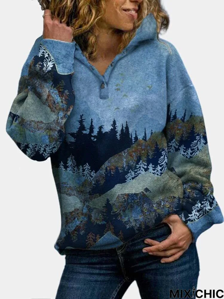 Forest Print Long Sleeve Casual Cotton-Blend Hoodie Sweatshirt