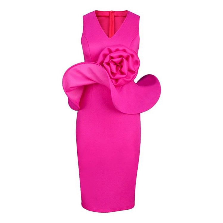 Flaxmaker Sexy Flounces Sleeveless Flower Hot Pink Dress