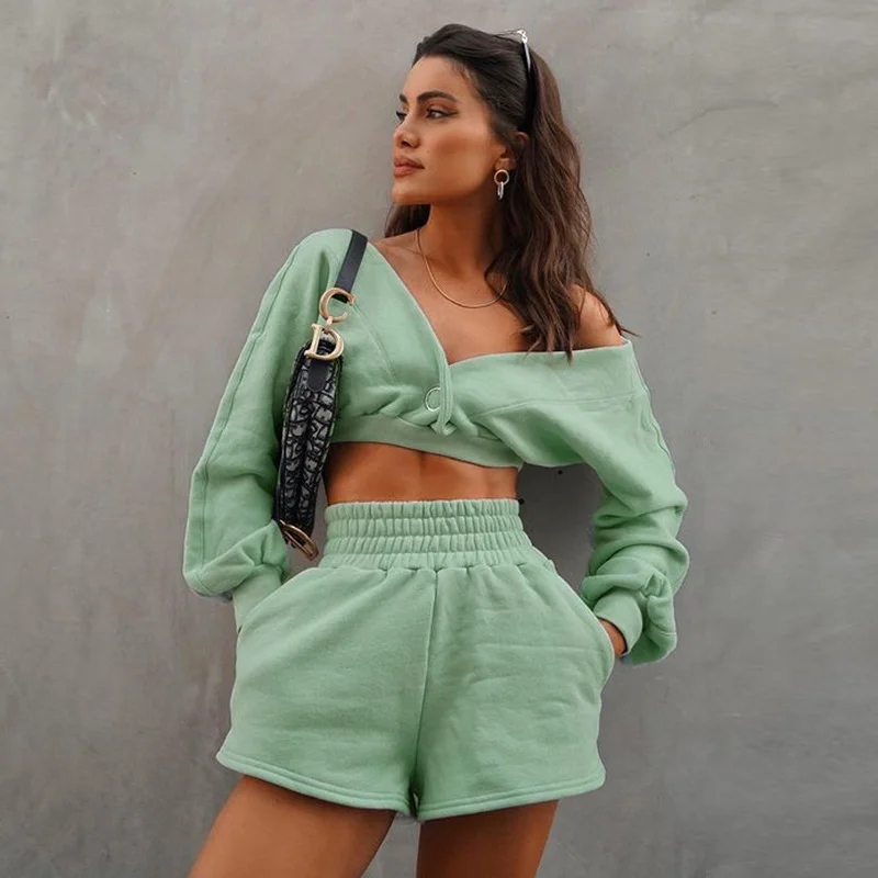 V-neck off-the-shoulder hoodie + sports shorts two-piece set