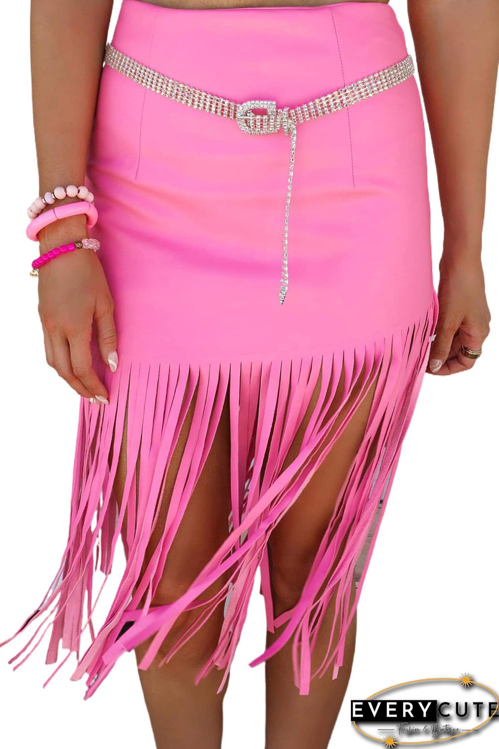 Pink Fringe Hemline Midi Skirt