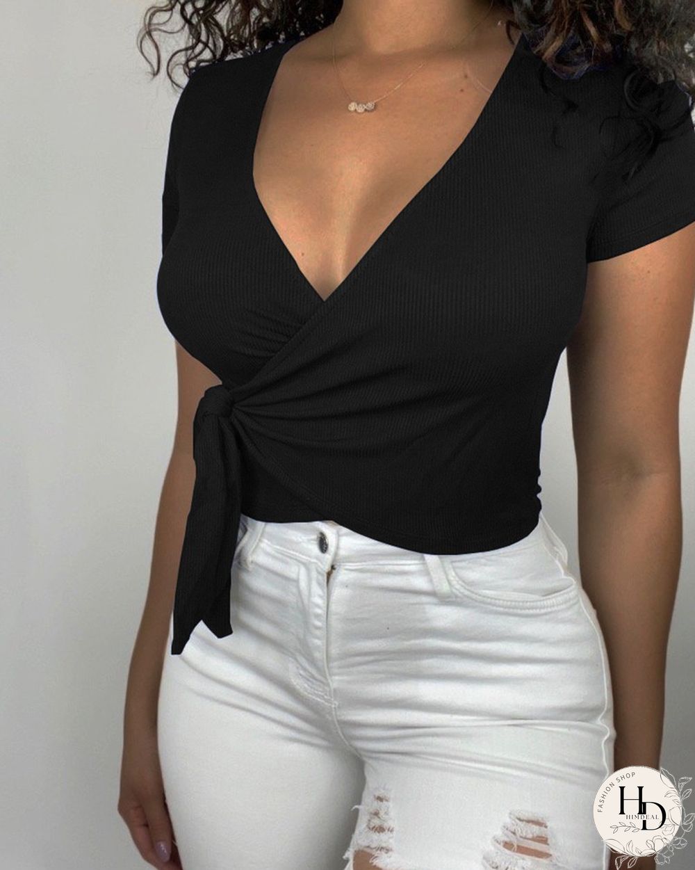 Solid Color V-Neck Wrap Crop Top