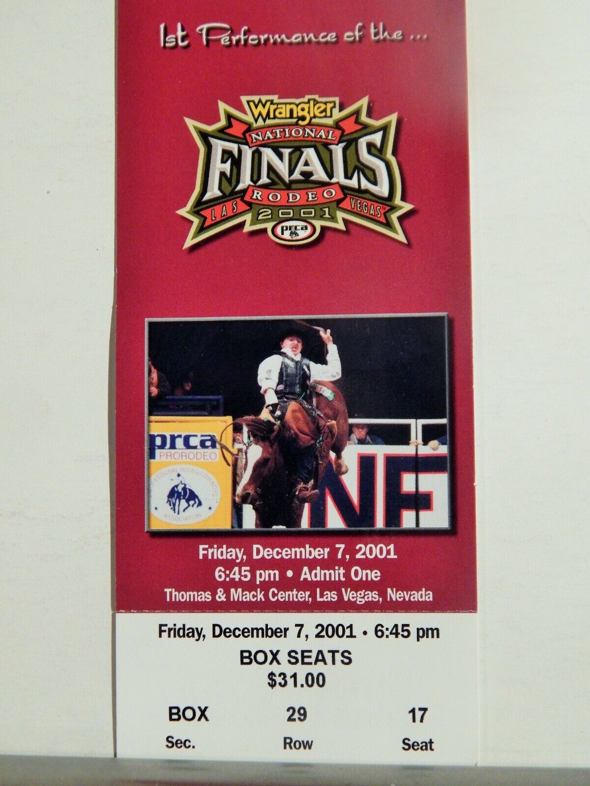 2001 NATIONAL FINALS RODEO LG ORIGINAL USED TICKET BULL RIDING COLOR Photo Poster painting