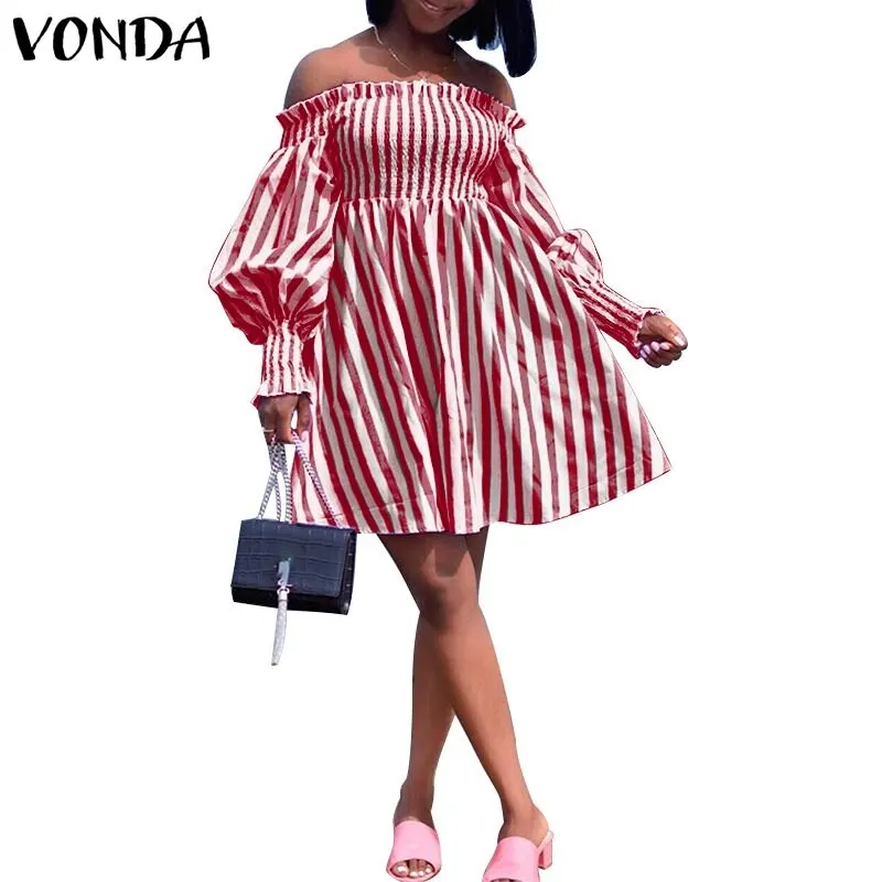 Party Dress VONDA Vintage Striped Dresses Sexy Off Shoulder Puff Sleeve Sundress Women Bohemian Vestidos Oversized Robe Femme
