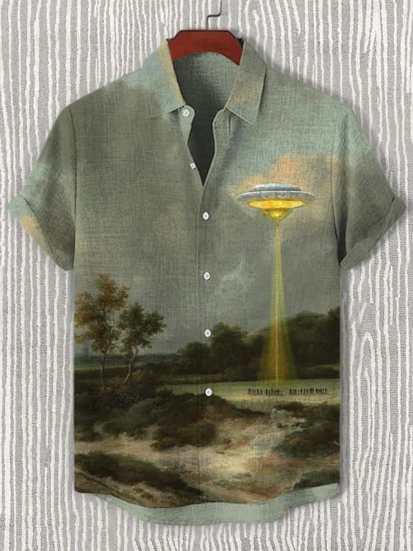 Men's UFO Arrival Oil Painting Art Print Casual Shirt
