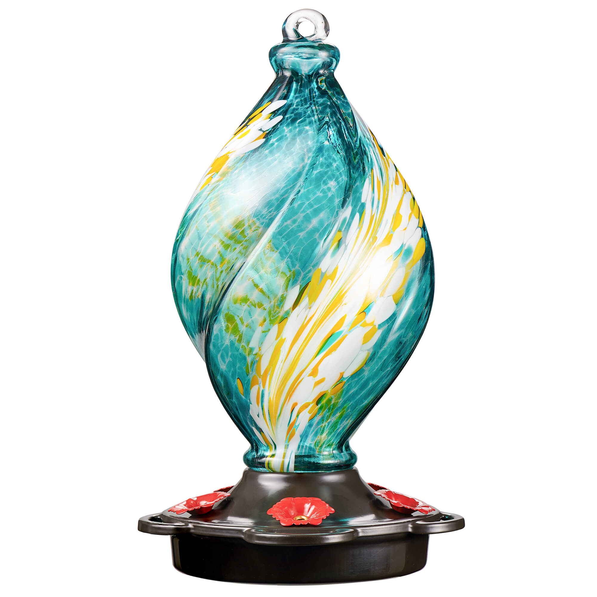 LUJII Ice Cream Shaped Spiral Hummingbird Feeder, Hand Blown Glass, 28 fl.oz, Teal