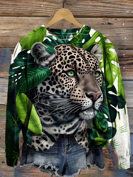 Women's Round Neck Leopard Art Print Hoodie Sweatshirt socialshop