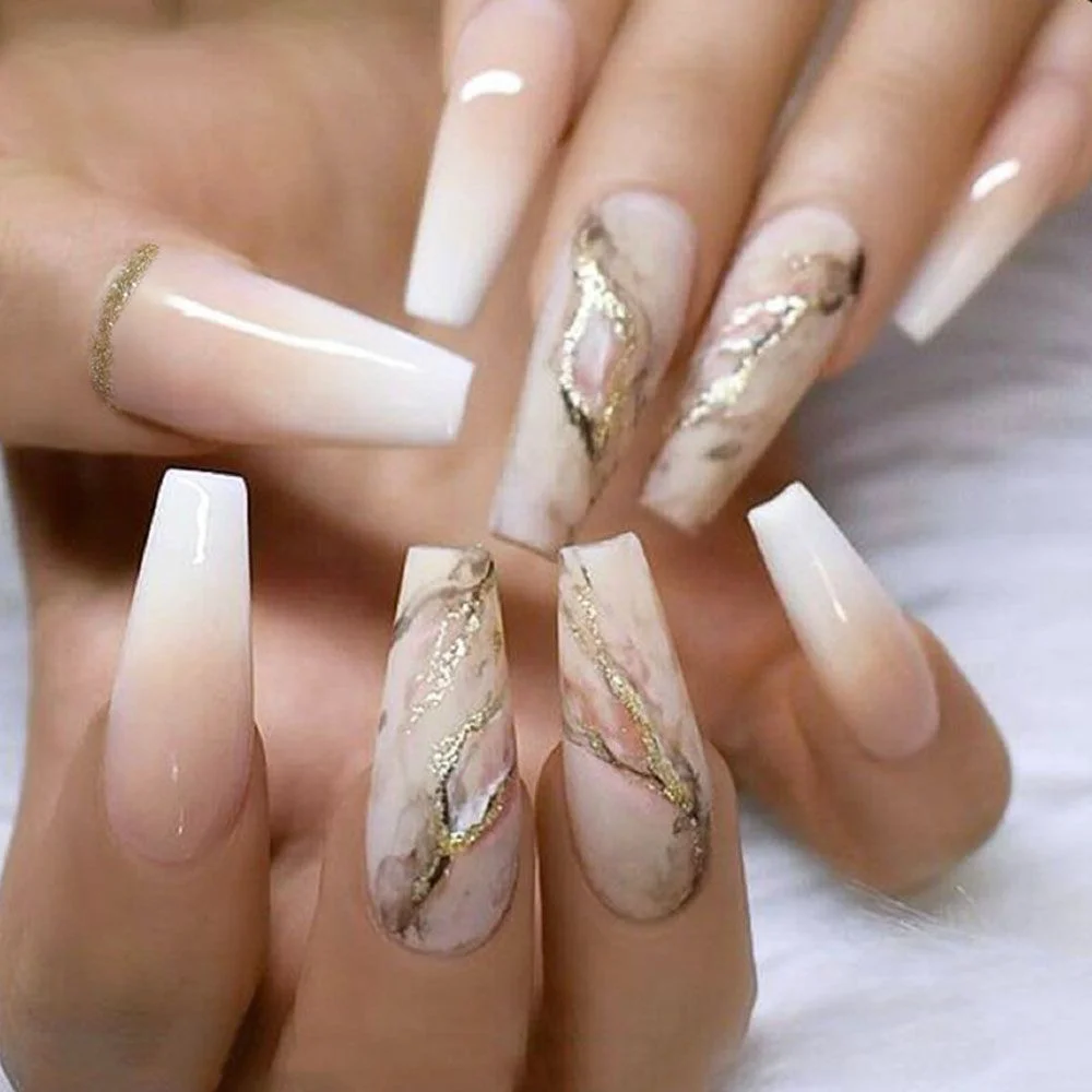 Detachable Marble Gradient Long Coffin False Nails Wearable Gold Foil Ballerina Fake Nails Full Cover Nail Tips Press On Nails