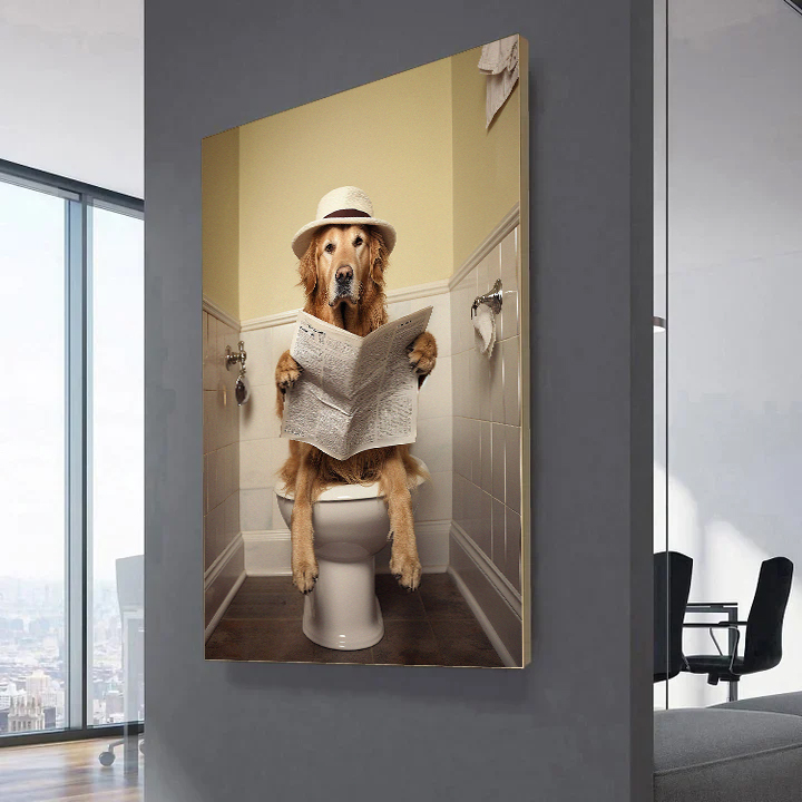 Golden Retriever in Toilet Funny Bathroom Canvas Wall Art 