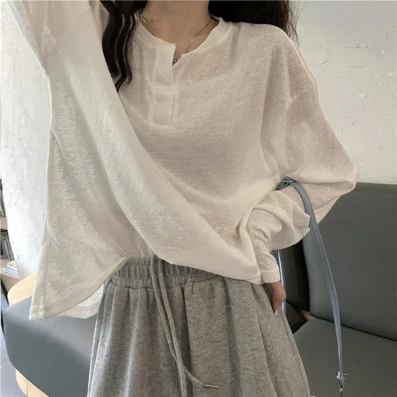 Oversize Solid Mesh T-shirts Women Long Sleeve Sun-protection Baggy Causal Undershirts Summer Ulzzang Simple All-match Outwear