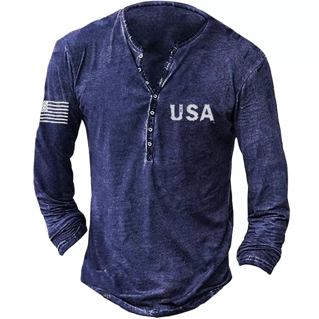 Men's 3D Print Graphic Patterned National Flag Henley Button-Down Long Sleeve T-Shirt