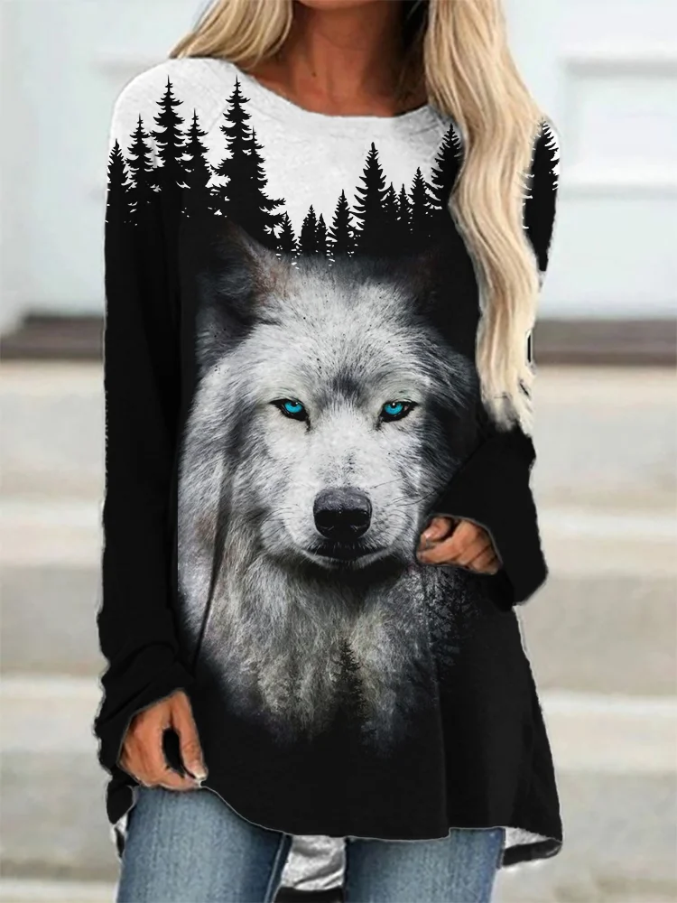 Wild Wolf Dark Forest Contrast Long Sleeve T Shirt