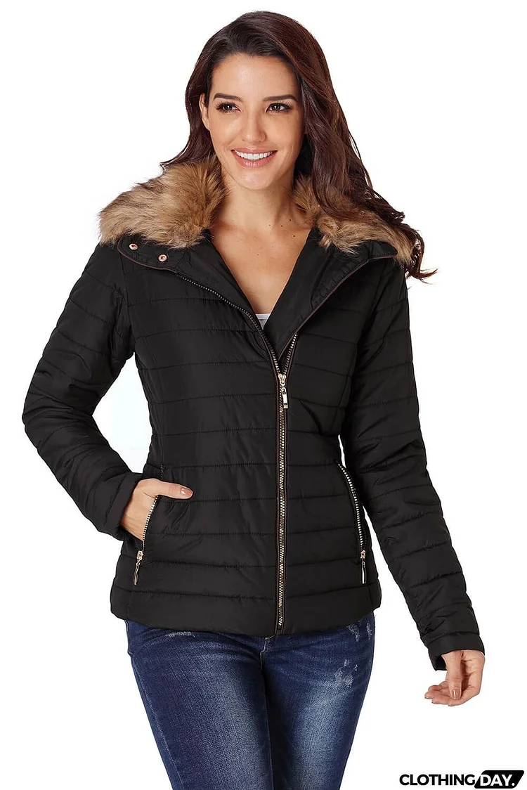 Camel Faux Fur Collar Trim Black Quilted Jacket