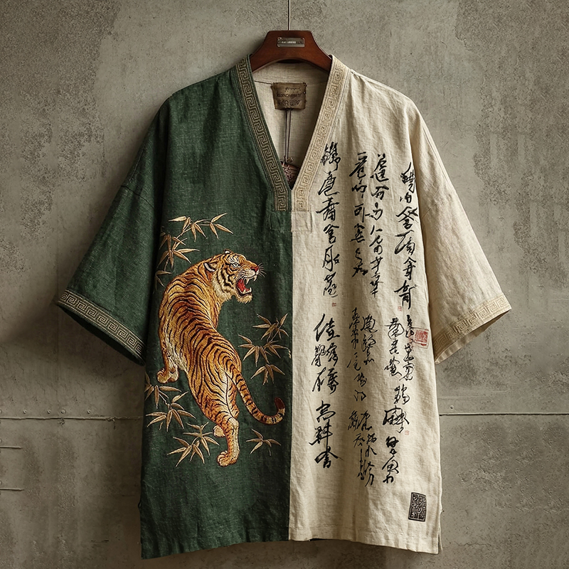 Men's Japanese Tigers And Calligraphy Art Printed V Neck Short-sleeve Tops elevenforest