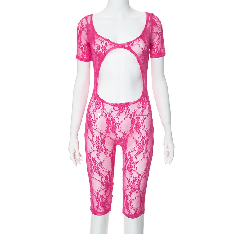 Uveng Uveng Women's Spring New Sexy Lace Splicing U-Neck Short-Sleeved Umbilly Joint Shorts