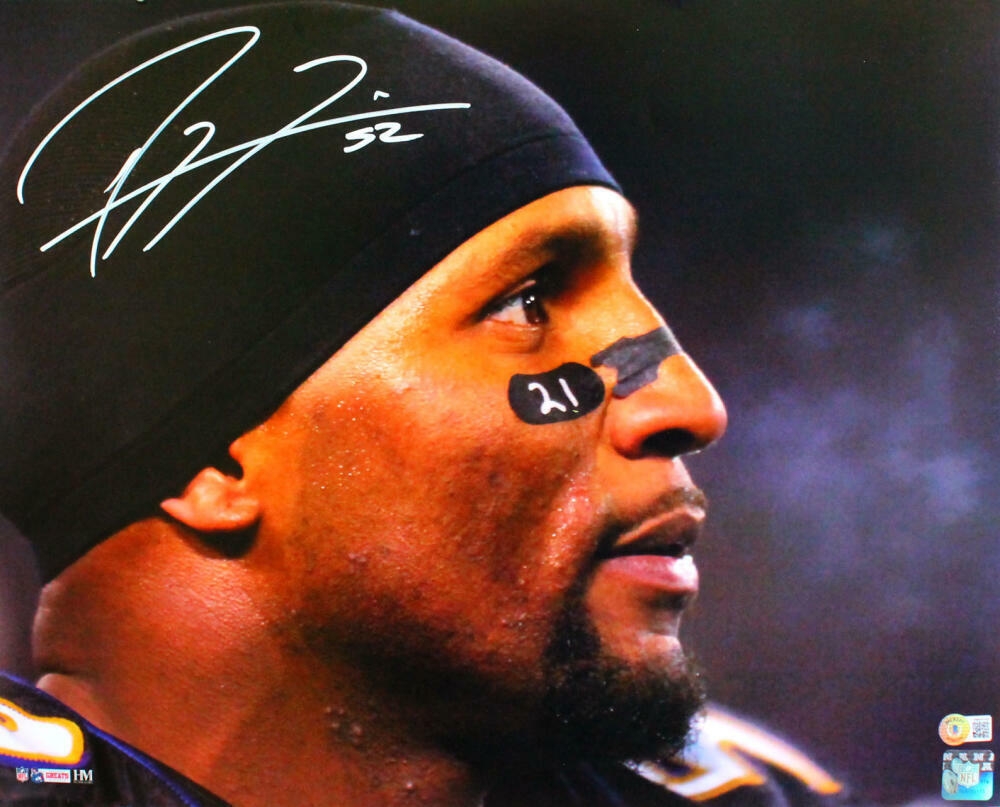 Ray Lewis Autographed Ravens 16x20 HM Face Close Up Photo Poster painting -Beckett W Hologram