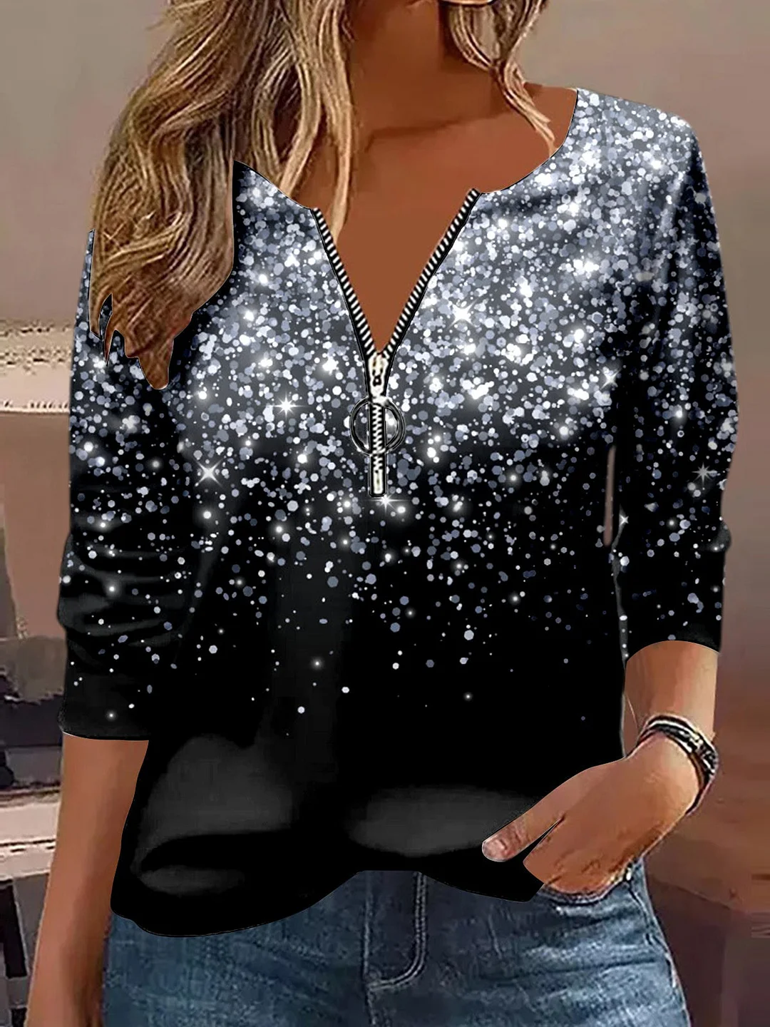 Women's Long Sleeve V-neck Printed Graphic Zipper Tops