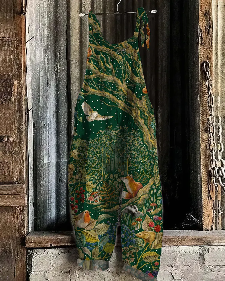 Vintage Fox Woodland Forest Pattern Linen Blend Jumpsuit