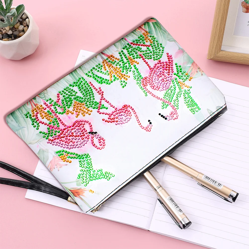 DIY Flamingo Diamond Art Cosmetic Bag Flowers Single Sided PU Women Clutch