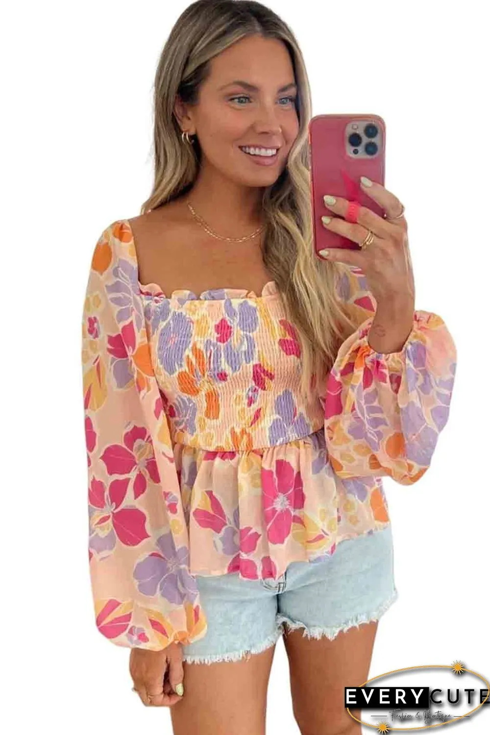 Pink Floral Print Smocked Long Sleeve Peplum Blouse