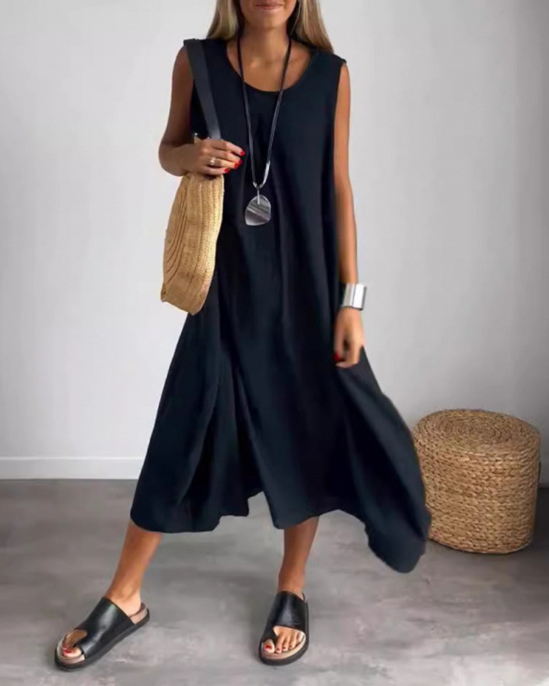 Sleeveless Solid Color Side Pockets Loose Midi Dress