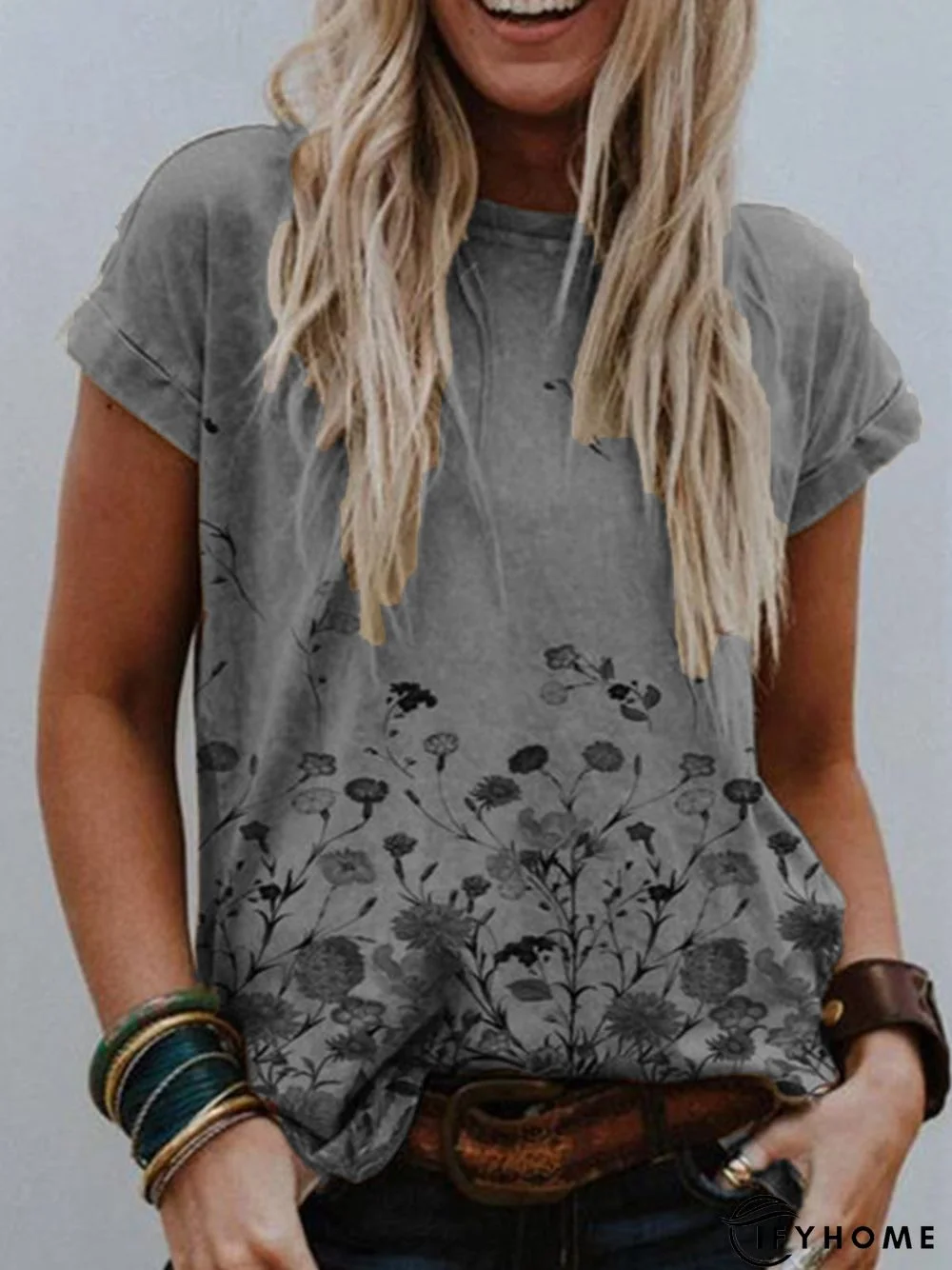 Women Simple Khaki Crew Neck Printed Plus Size T-shirt | IFYHOME